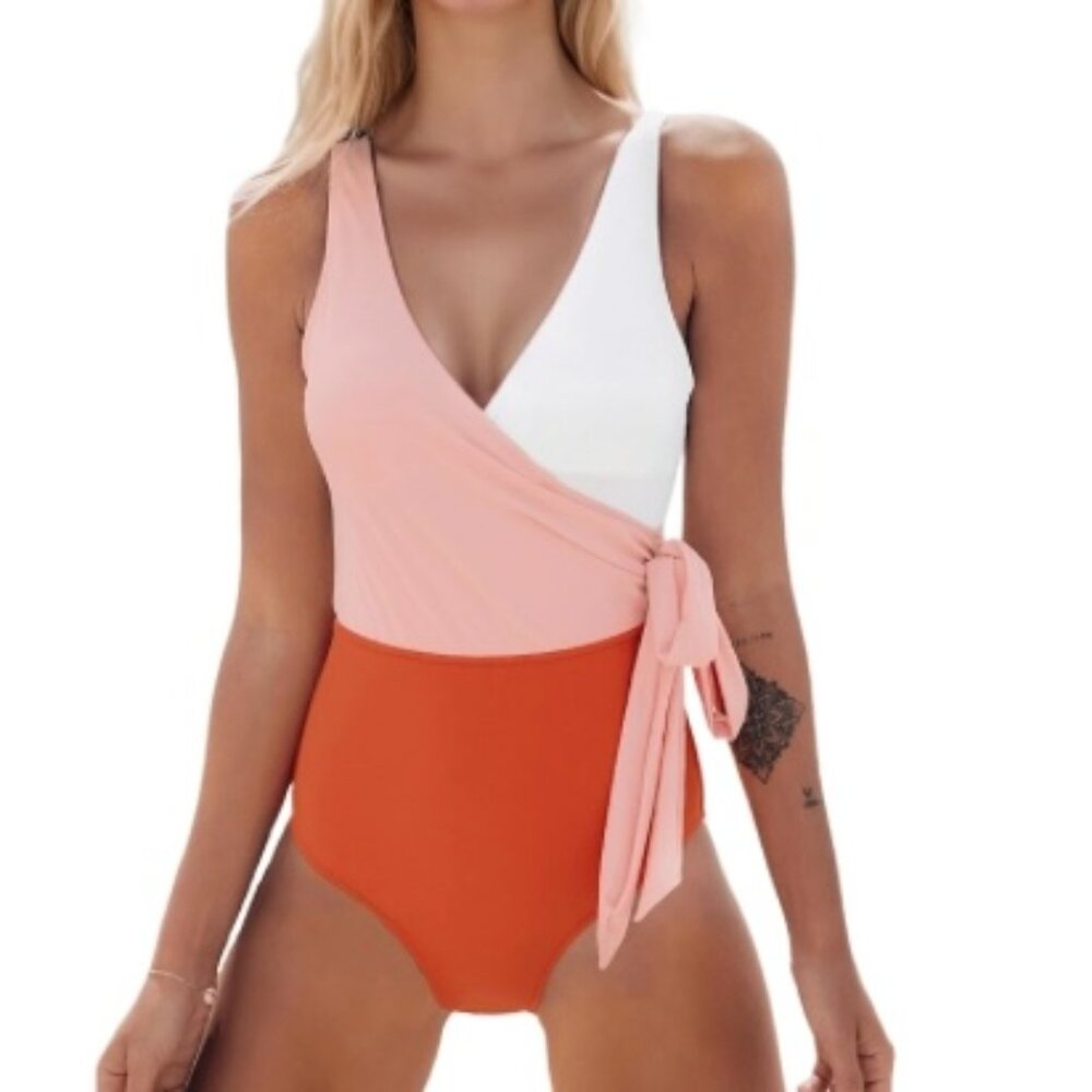 Cupshe 1-piece color block (orange/white) V-neck wrapped self tie M